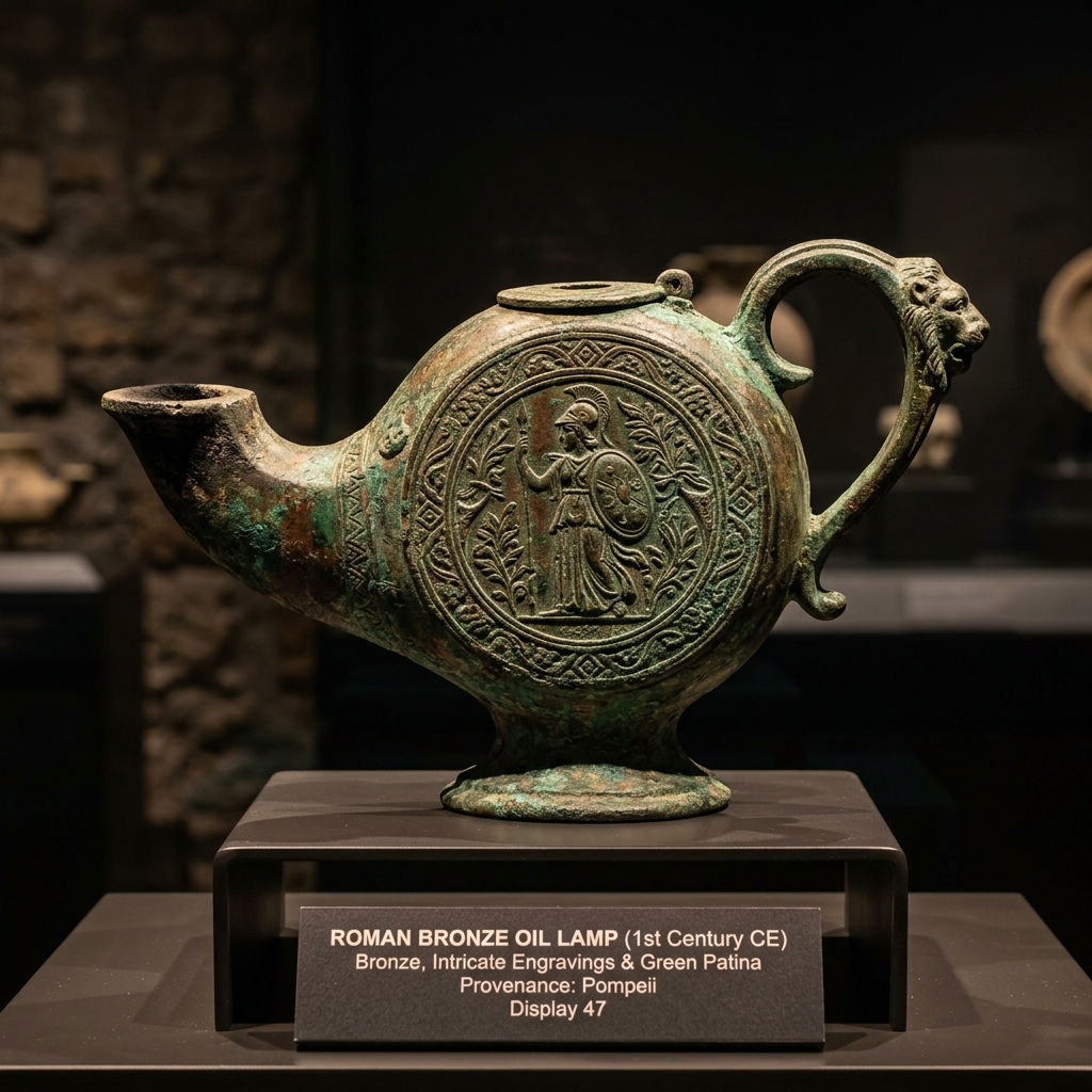 Roman bronze oil lamp