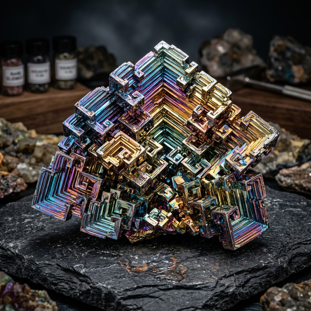 Iridescent bismuth crystal cluster